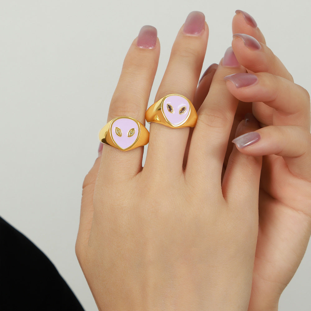 Alien Face Enamel Open Ring - Copper Purple Glaze Jewelry