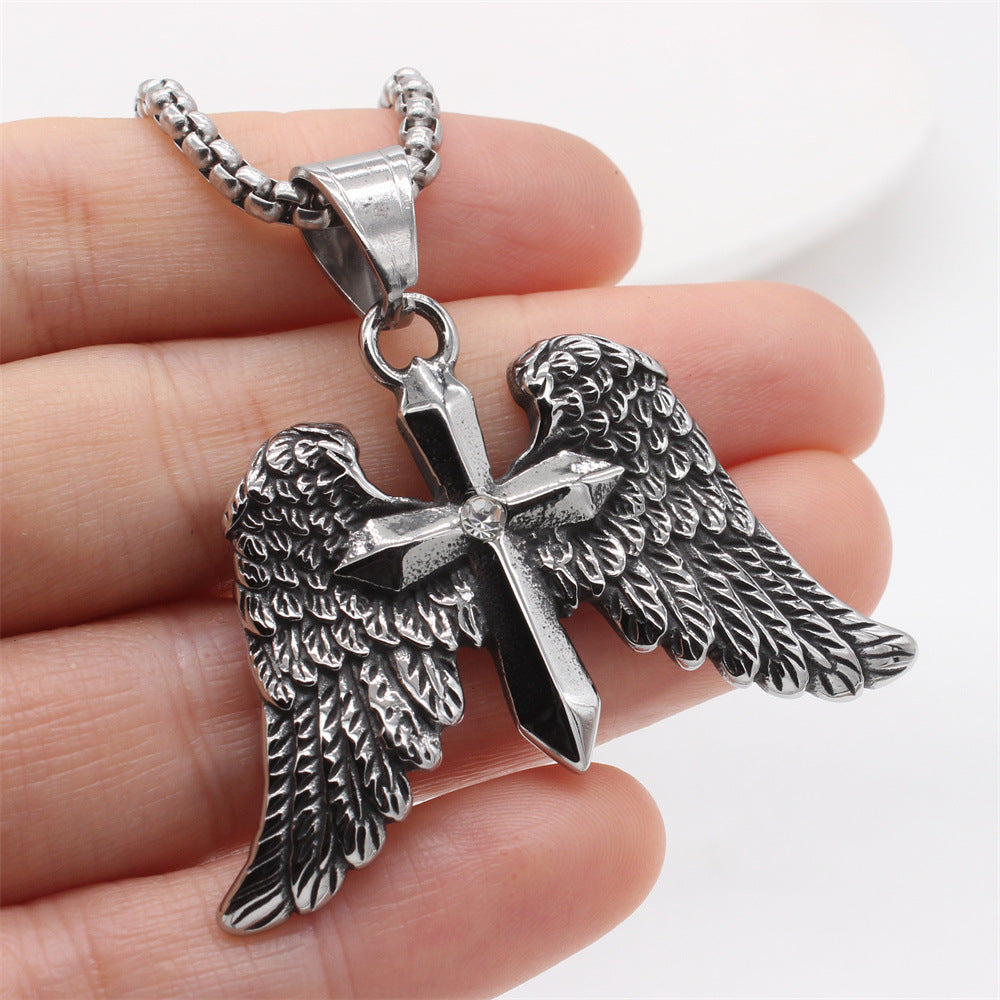 Planderful Everyday Genie – Retro Cross Wings Titanium Steel Pendant Necklace for Men