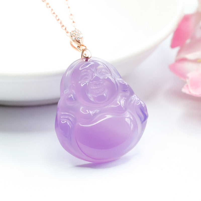 Sterling Silver Necklace with Purple Chalcedony Buddha Pendant