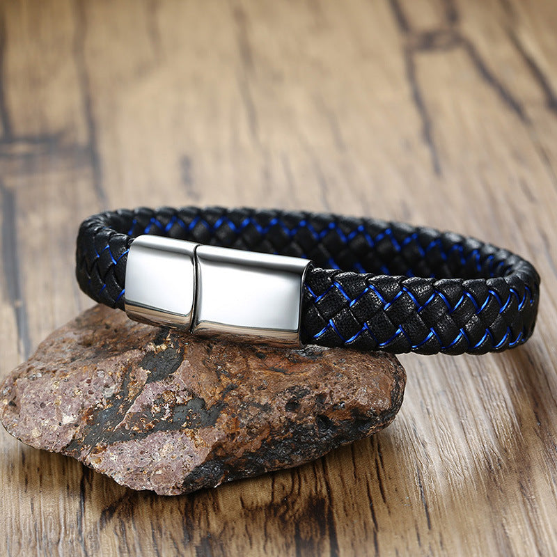 Stainless Steel Leather Bracelet Men's Microfiber Leather Bracelet Blue and Black