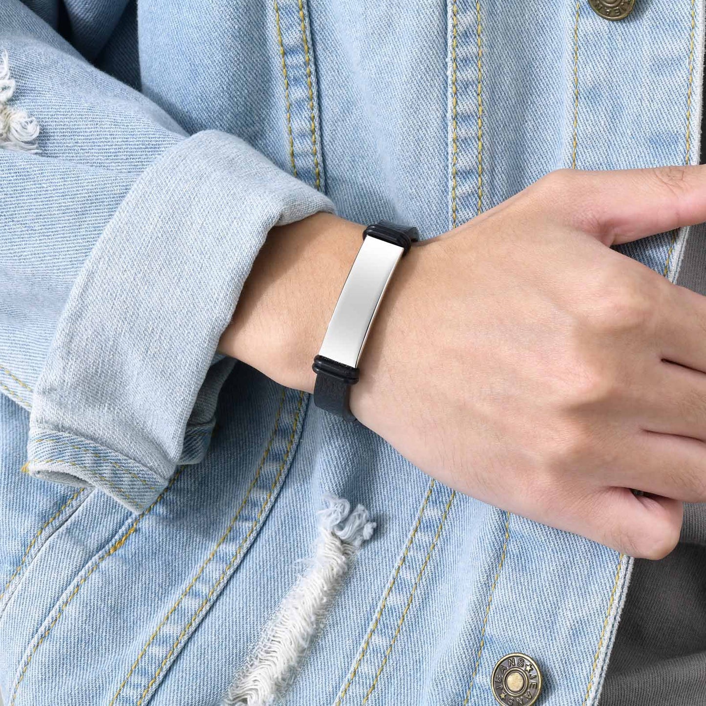 Stainless Steel Black Curved Leather Bracelet Men's Trendy Accessories Jewelry Wholesale Personalized for Men