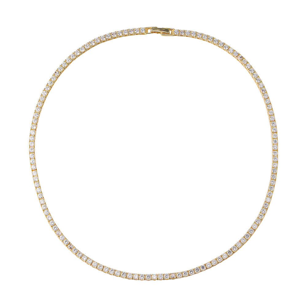 S925 Sterling Silver Gold-Plated Full Zircon Tennis Necklace Hip-Hop 2.5mm Single-Row