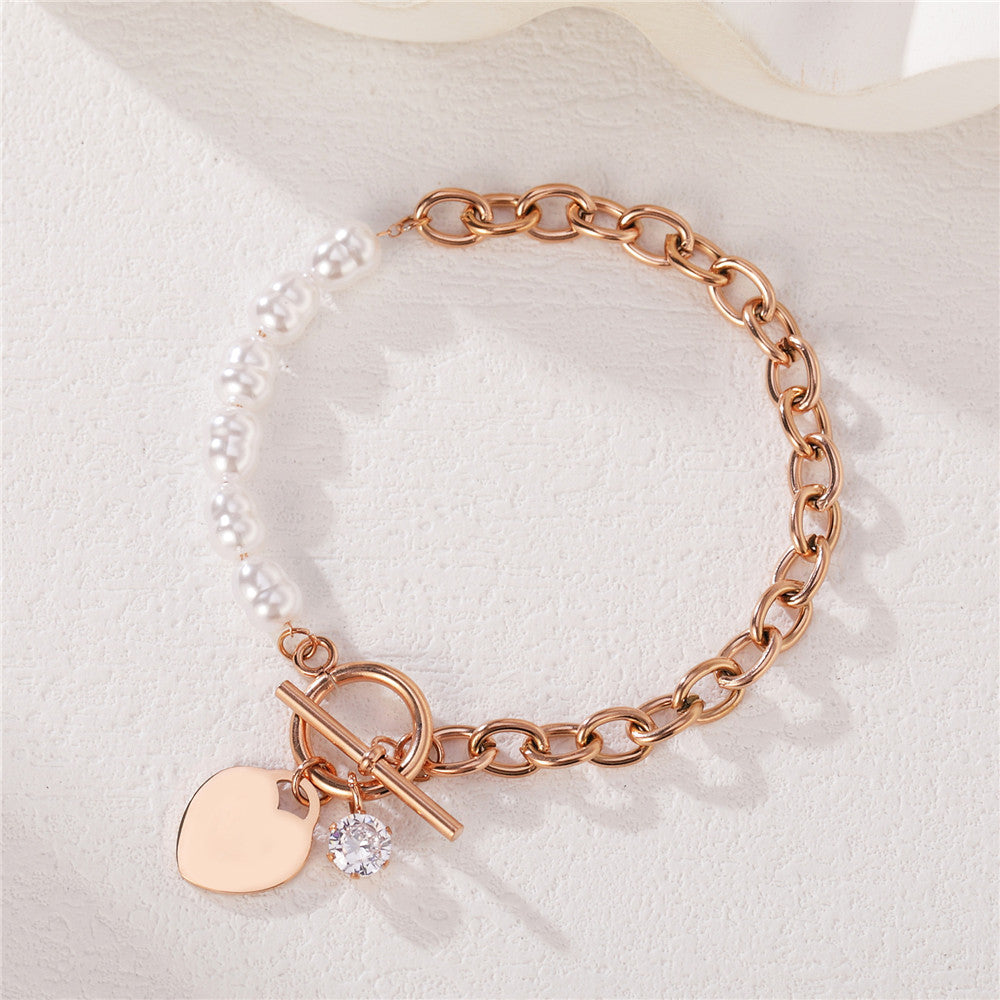 Pearl Peach Heart Titanium Steel Bracelet For Women Planderful Everyday Genie Statement Jewelry