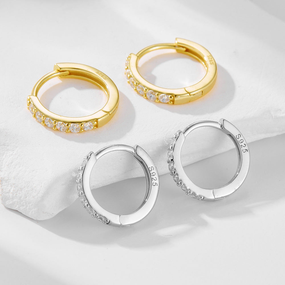 S925 Sterling Silver Ear Buckle Inlaid With Zircon Basic Round Ear Ring Earrings,