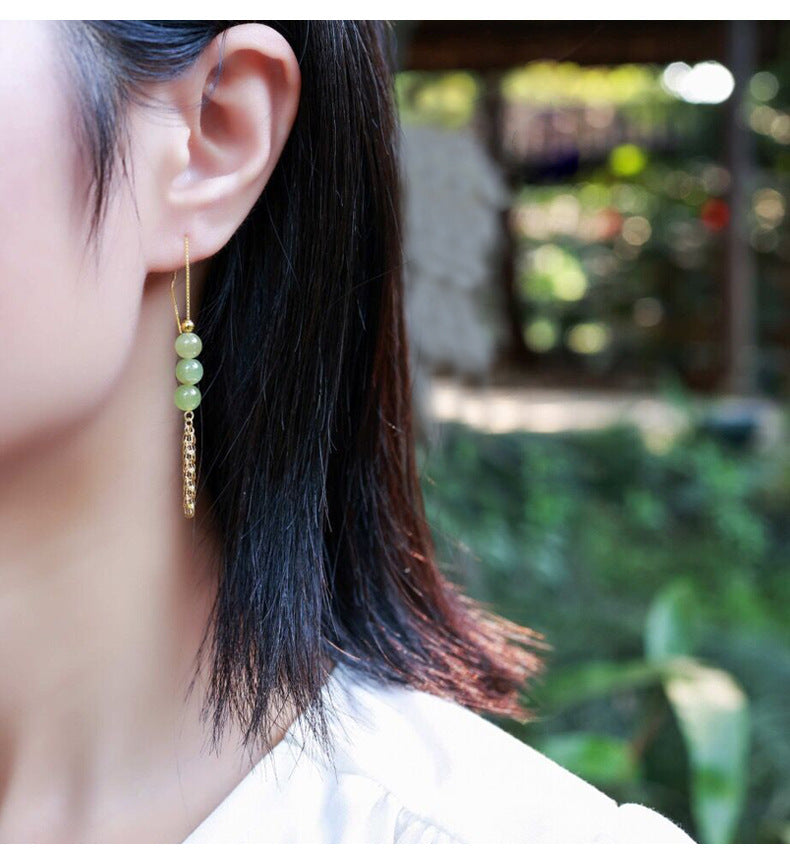 Phoenix Tail Sterling Silver Earrings with Natural Hetian Jade