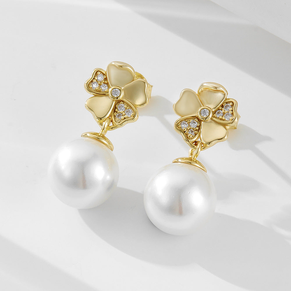 Pearl Earrings S925 Silver Inlaid Zircon Clover Flower Real Gold Electroplated Stud Earrings