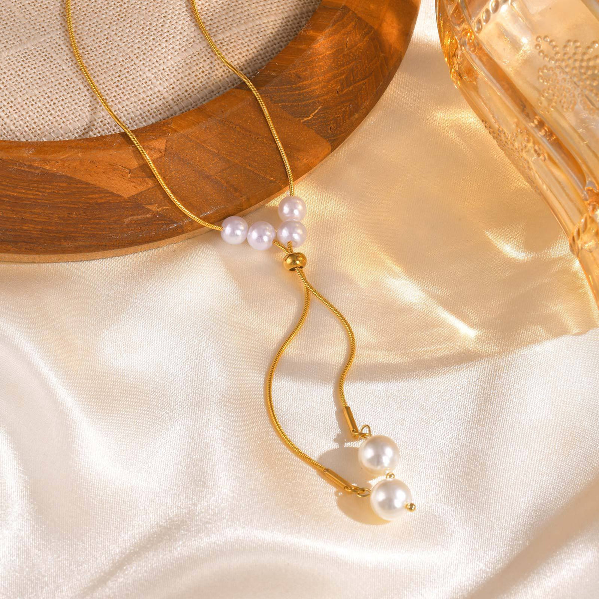Stainless Steel Round Snake Chain Imitation Pearl Y-Shaped Adjustable Gold Necklace