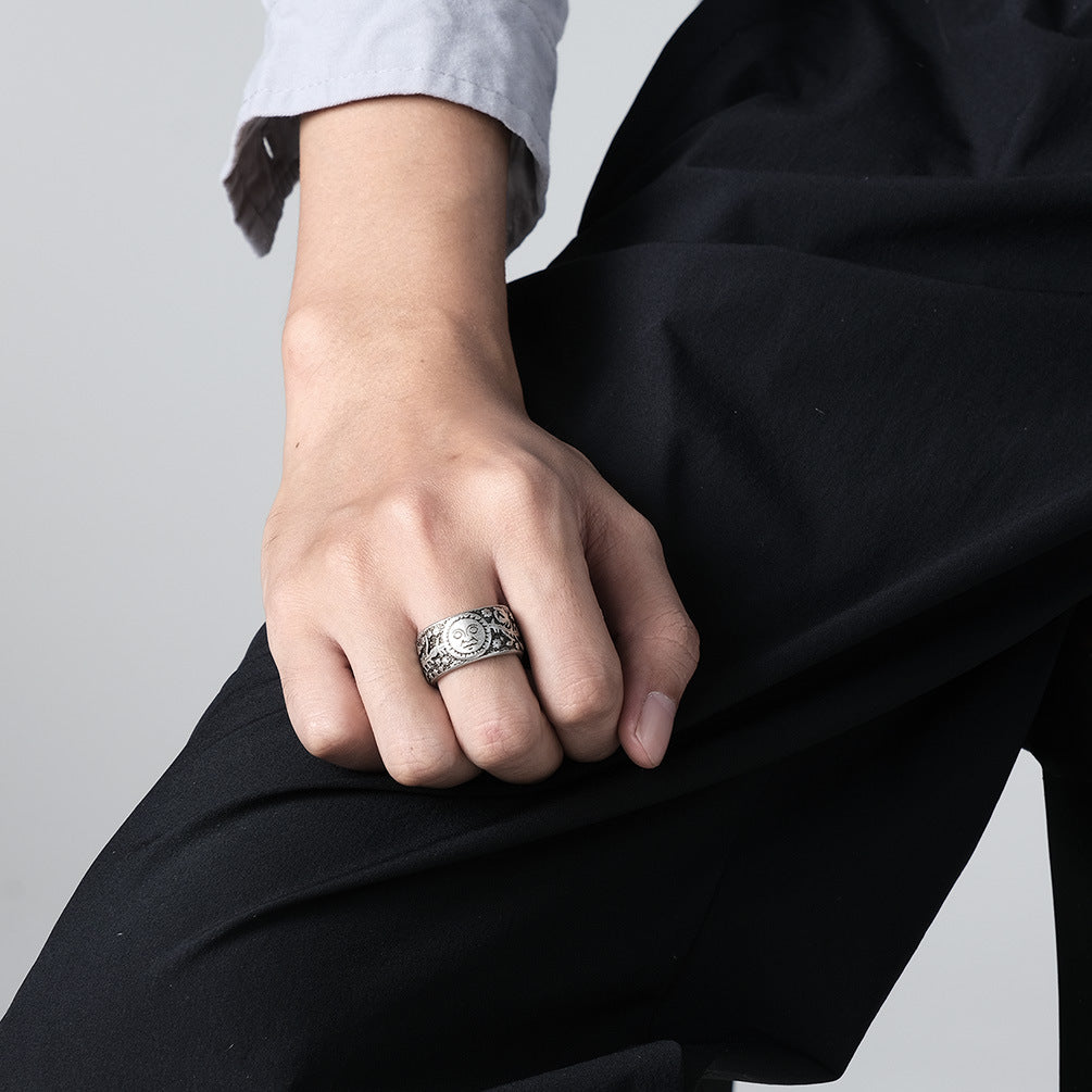 Planderful Titanium Steel Ring Retro Punk Sun Moon Design Mens Fashion Jewelry Bold Statement