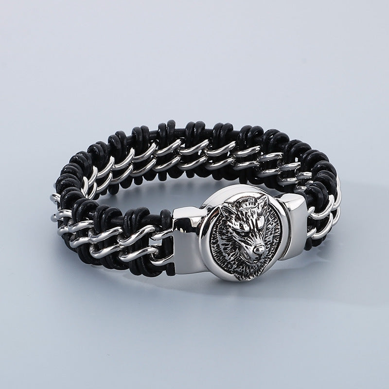 Wolf Head Bracelet – Punk Animal Lion Head Magnet Buckle Titanium Steel Woven Leather