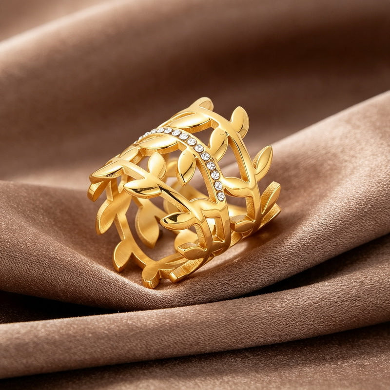 Hollow Olive Branch Inlaid Zircon Titanium Steel Ring 26mm Wide