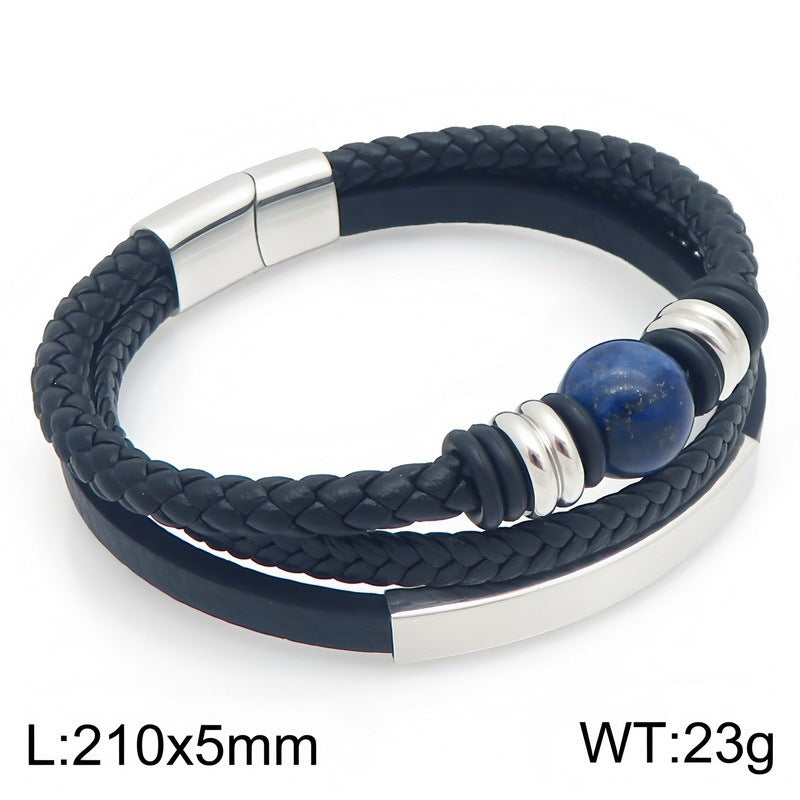 Turquoise Tiger's Eye Stone Multi-Layer Woven Leather Bracelet Lettering Curved Bar
