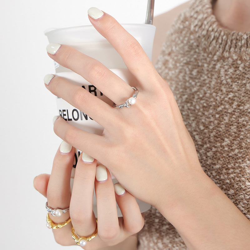 Cold Breeze South Korean Metal Ring with Natural Freshwater Pearl Accent