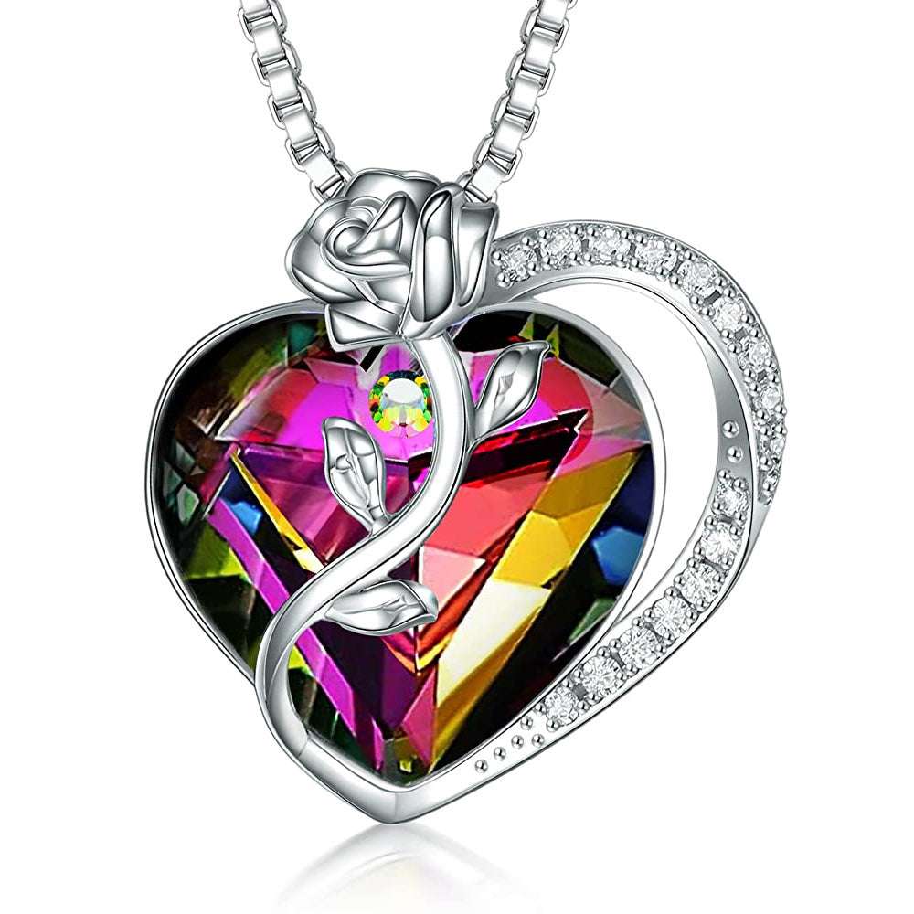 S925 Sterling Silver Rose Love Necklace with Crystal Pendant