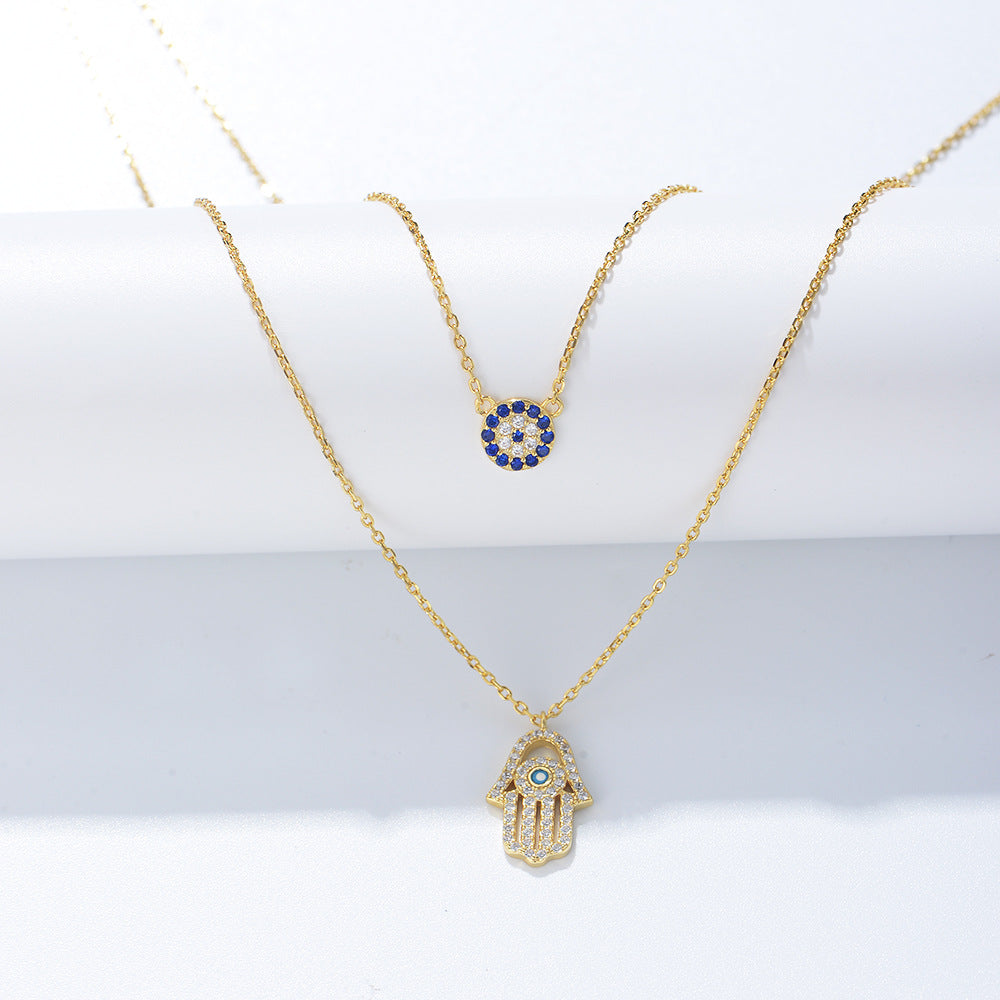 S925 Sterling Silver Shi Family Demon's Eye Hamsa Palm Double-Layer Necklace