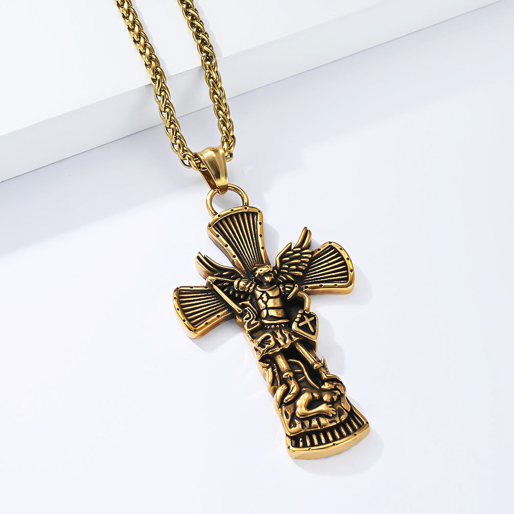 St Michael Archangel Cross Necklace Titanium Steel Pendant Unisex Protection Planderful Collection