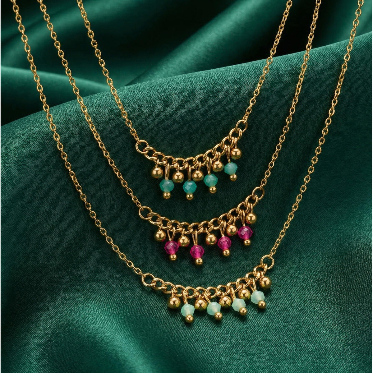 Summer Stainless Steel Cross Chain Green Fringed Beaded Necklace Design Item Decoration