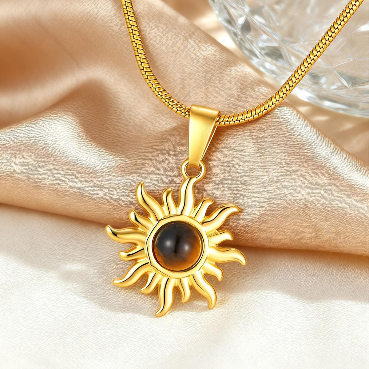 Medieval-Inspired Gold-Plated Stainless Steel Tiger's Eye Elegant Sun Necklace