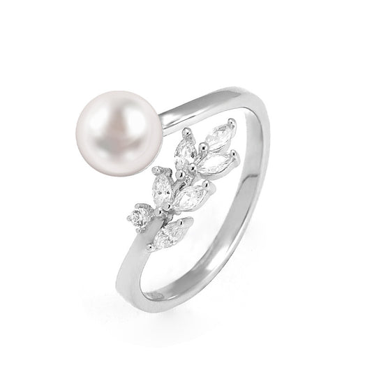 Zircon Leaf Pearl Opening Sterling Silver Ring