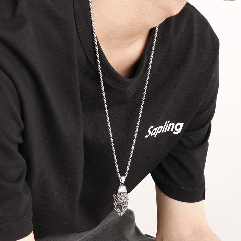 Dark Wind Lion Head Necklace with Ghost Skull Pendant - Men's Titanium Steel Jewelry