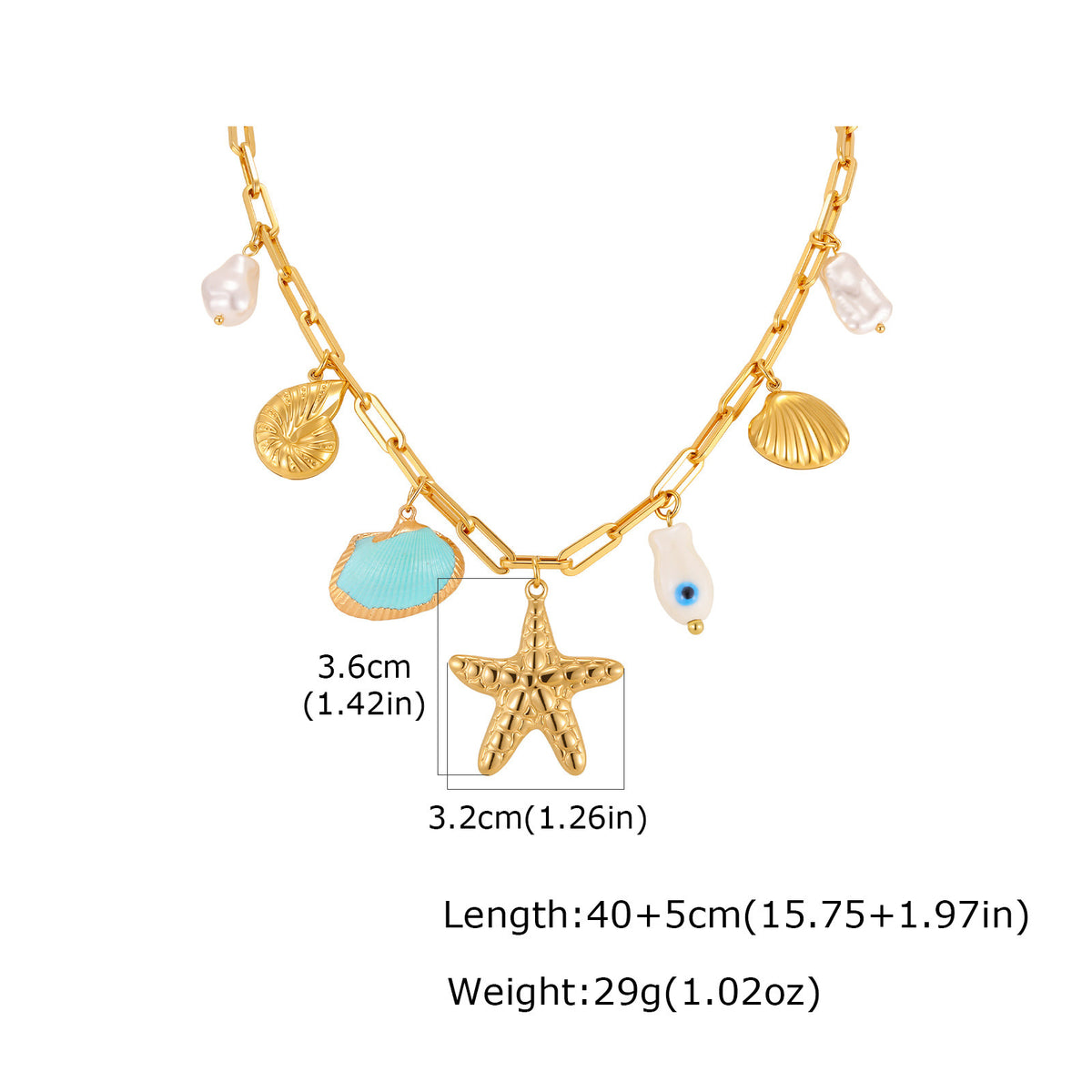 Ocean-Style Stainless Steel Pearl-Like Conch Shell Starfish Vacation Necklace