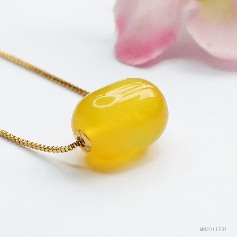 Yellow Chalcedony Barrel Bead 18K Gold-Set Pendant — No Chain