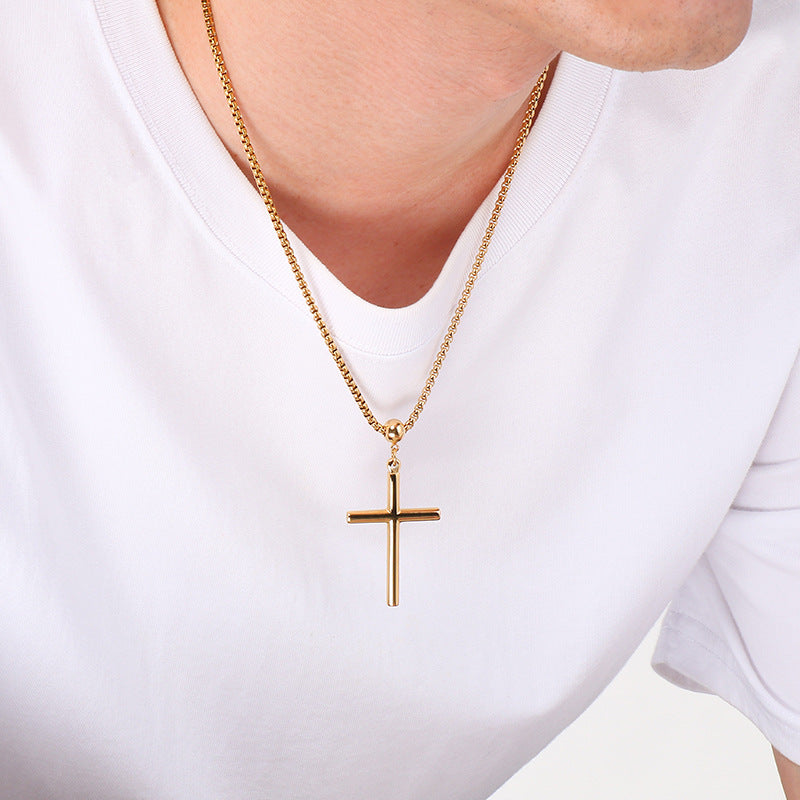 Ball Buckle Necklace, Smooth Cross Pendant Square Pearl Chain Stainless Steel Men's