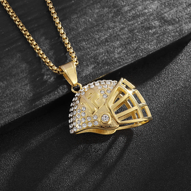 Planderful Everyday Genie Hip Hop Football Helmet Pendant Necklace Premium Gold Plated Titanium Steel Zircon