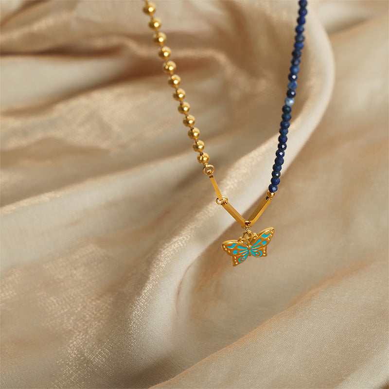 Golden Butterfly Charm Handmade Necklace with Natural Stones and Titanium Steel - Elegant Female Jewelry