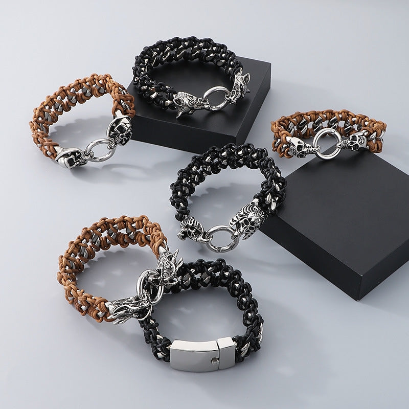 Planderful Mens Woven Leather Skull Bracelet Dragon Head