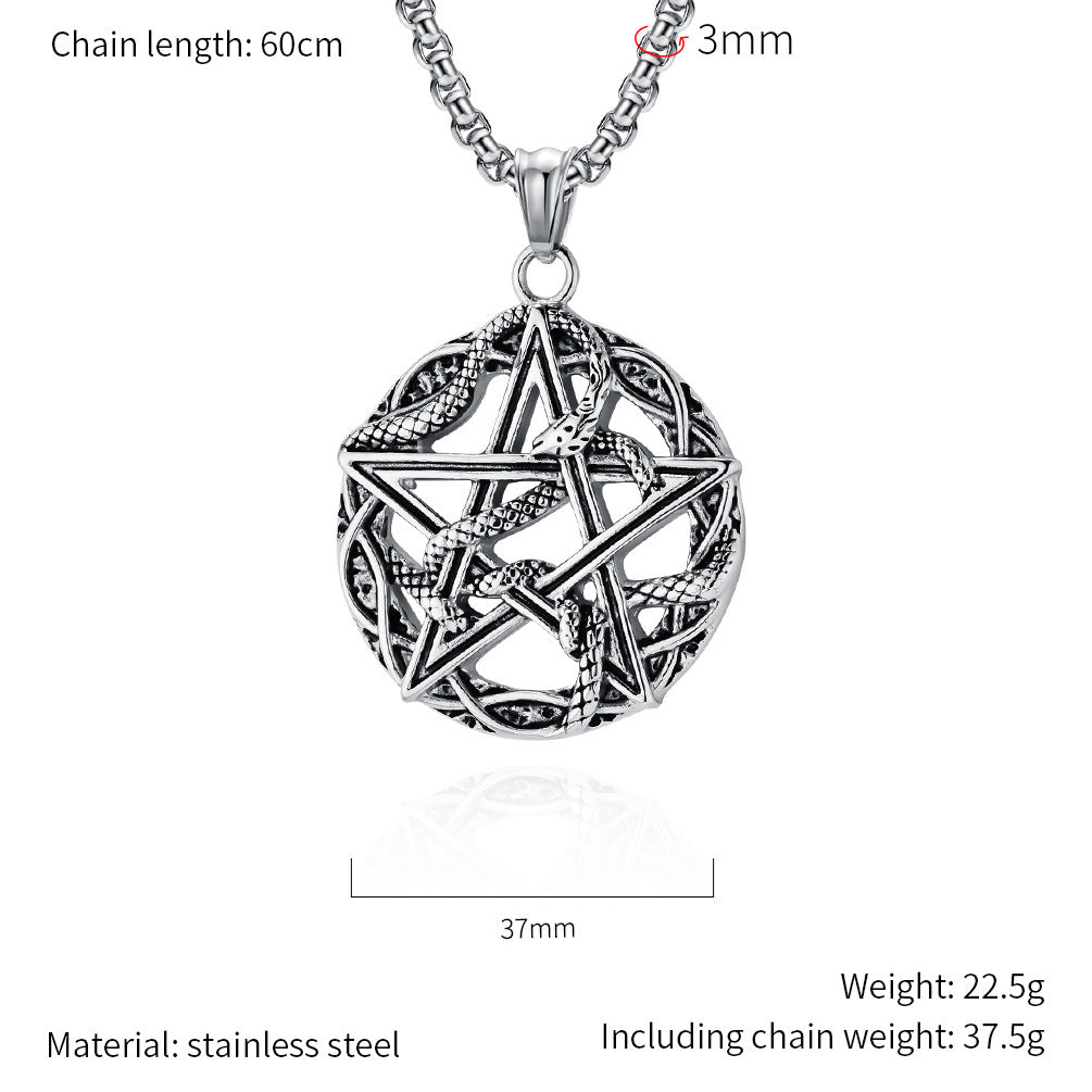 Planderful Pentagram Necklace Titanium Steel With Python Wrapped For Gothic Punk Lovers