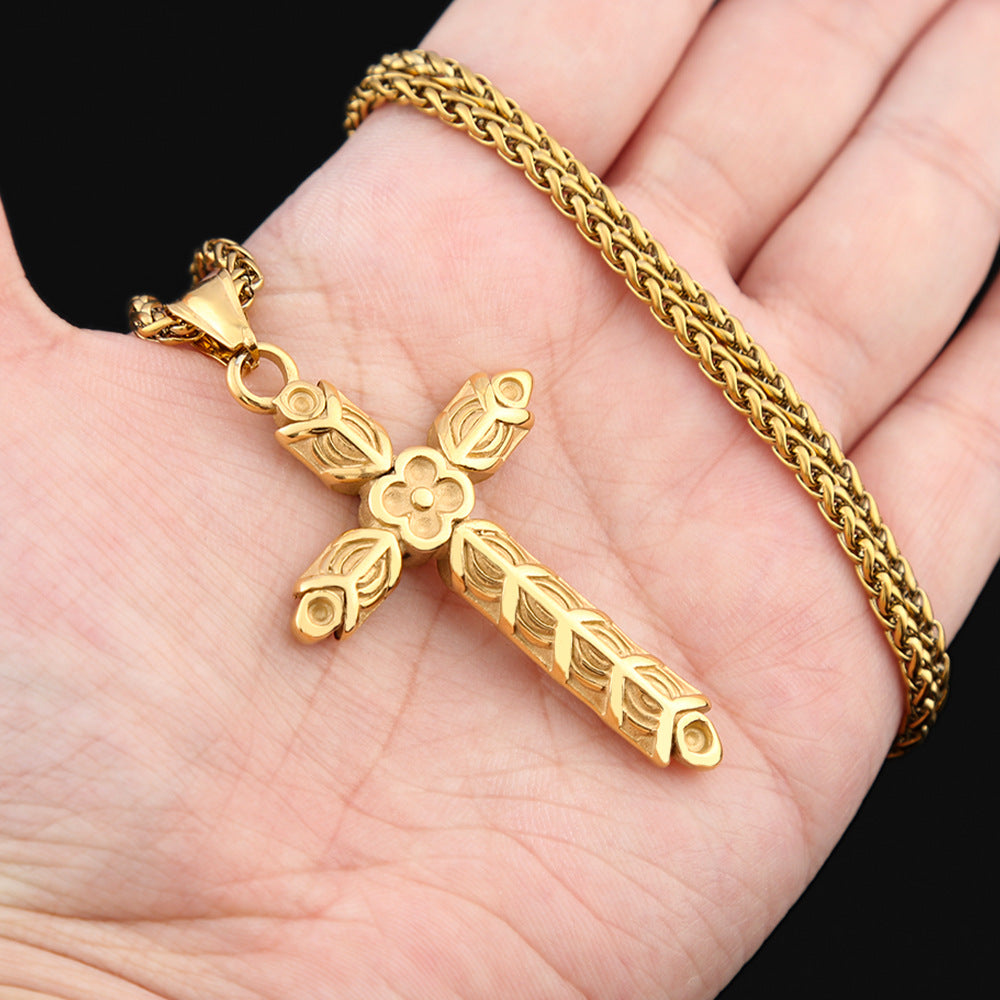 Stainless Steel Cross Flower Necklace for Men with Chain