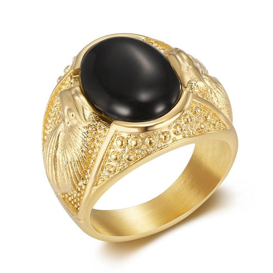 Planderful Collection Hip Hop Ring Gold Plated Rhinestone Opal Stainless Steel Eagle Mens