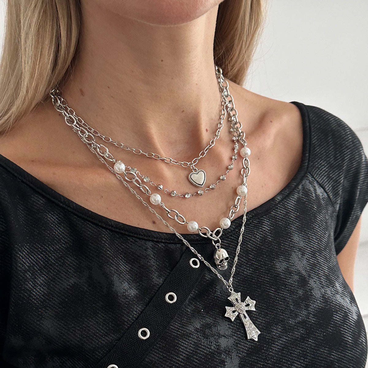 Crystal-Style Cross & Pearl Layered Necklace