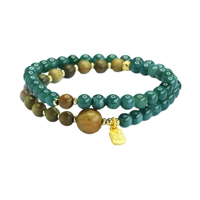 Blue Water Jadeite Green Sandalwood Style 2 Beaded Bracelet