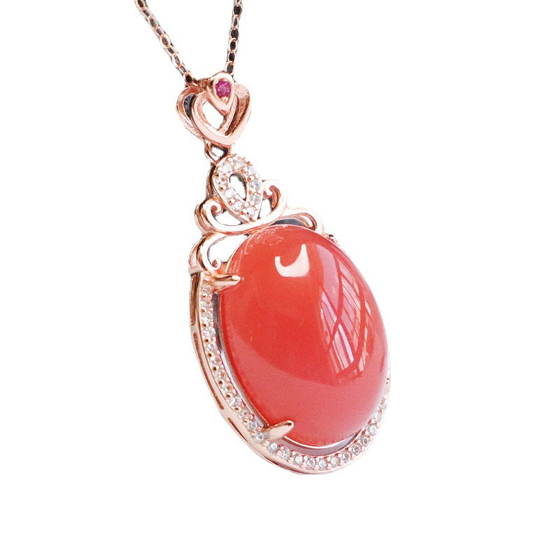 Pigeon Egg Agate Pendant Sterling Silver Necklace with Zircon Detail