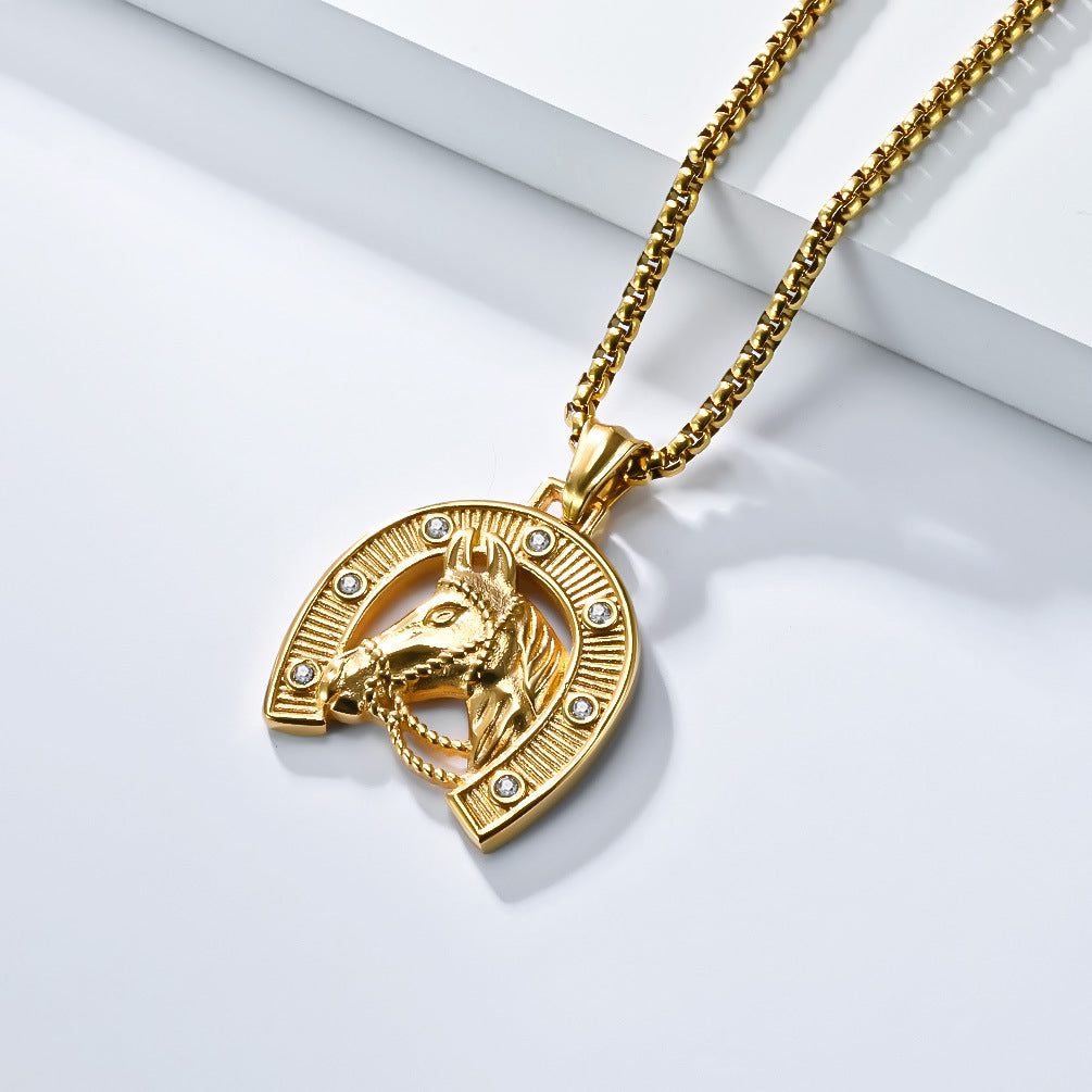 Planderful Titanium Steel Horse Head Pendant Necklace For Men Personalised Retro Horseshoe Hip Hop Jewelry