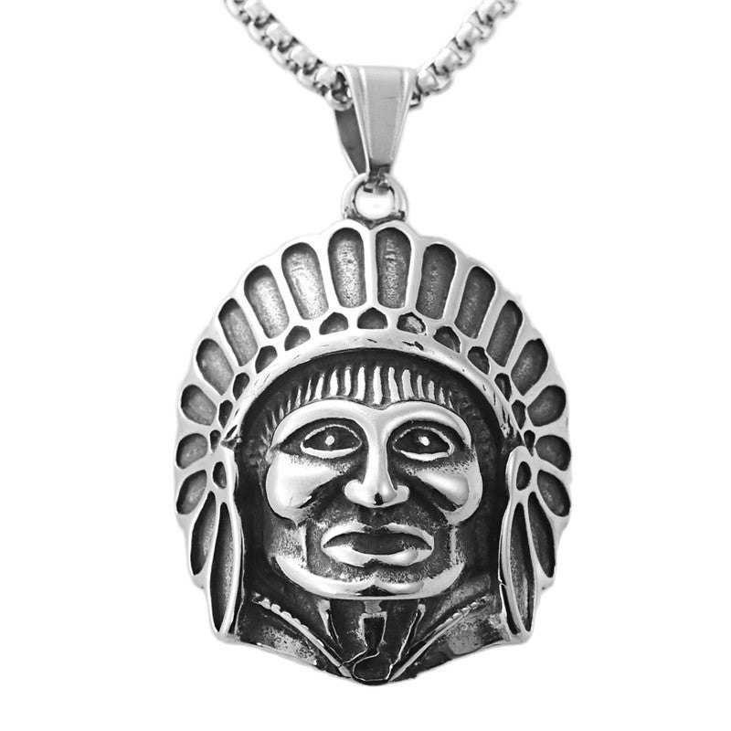 Titanium Steel Vintage Indian Portrait Pendant Necklace for Men - Trendy Punk Style
