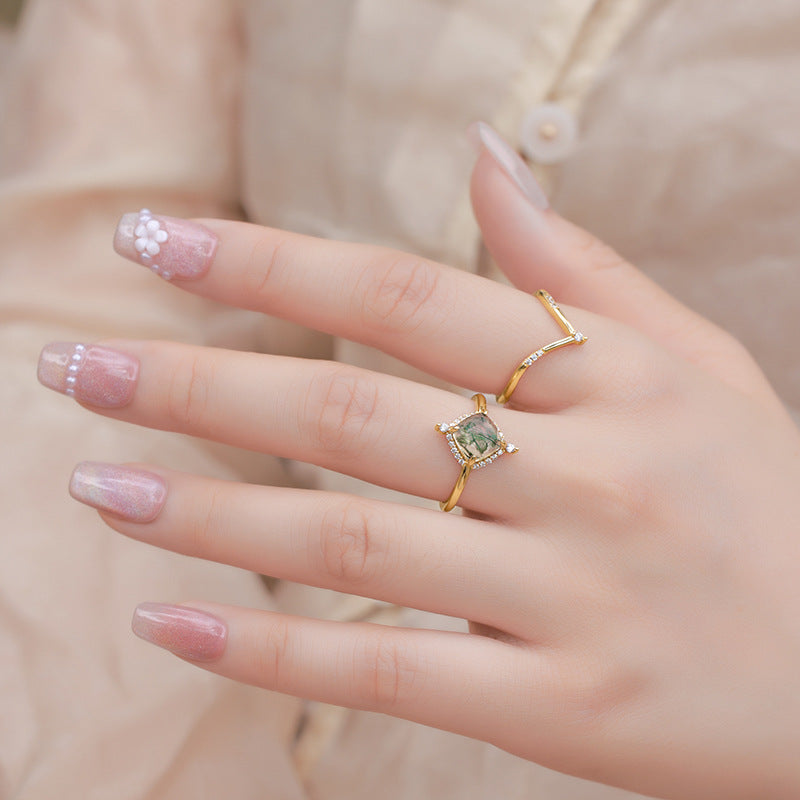 Planderful Jewelry Geometric Aquatic Agate Ring in S925 Silver Gold Plated V Shape