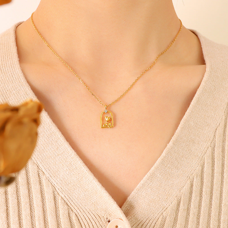 Korean Rose Zircon Geometric Copper Necklace with Short Chain