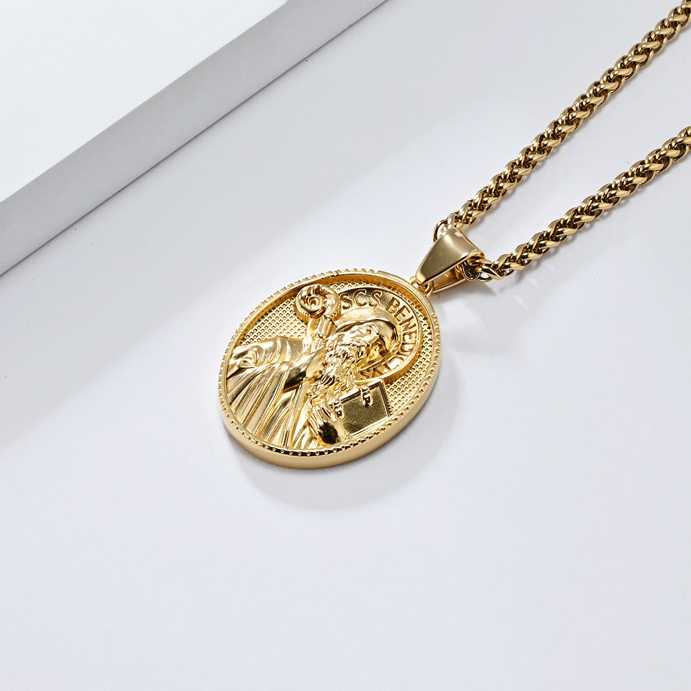 Virgin Mary Titanium Steel Necklace Round Tag Pendant for Men