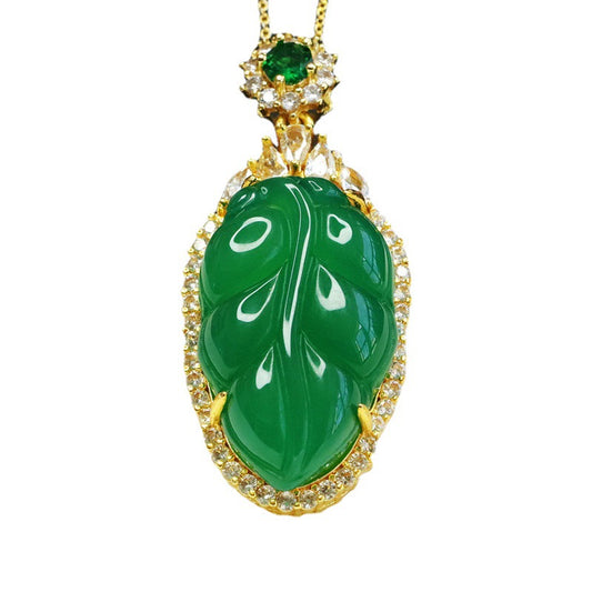 Chalcedony Branch Leaf Pendant Necklace with Zircon Detail