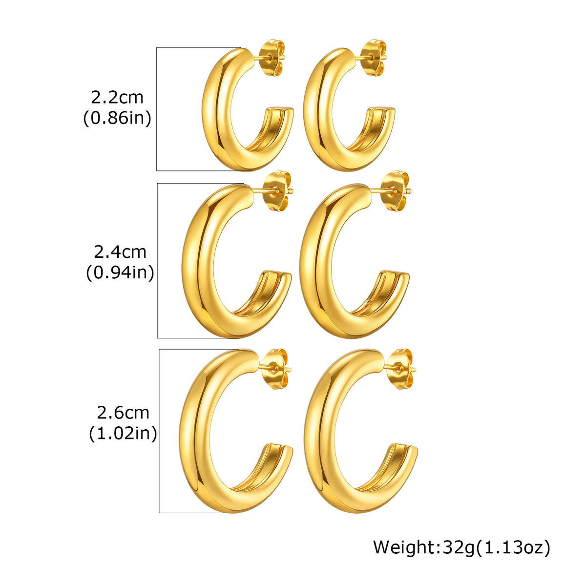 Gold-Tone Chunky Open Hoop Earrings — 3-Pair Set