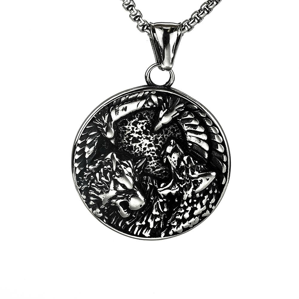 Vintage Nordic Stainless Steel Men's Viking Wolf Crow Pendant
