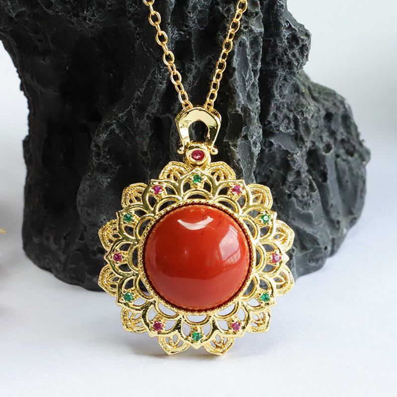 Southern Red Agate Zircon Sunflower Pendant Necklace