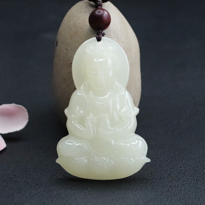 Guanyin White Jade Pendant Sterling Silver Necklace by Planderful