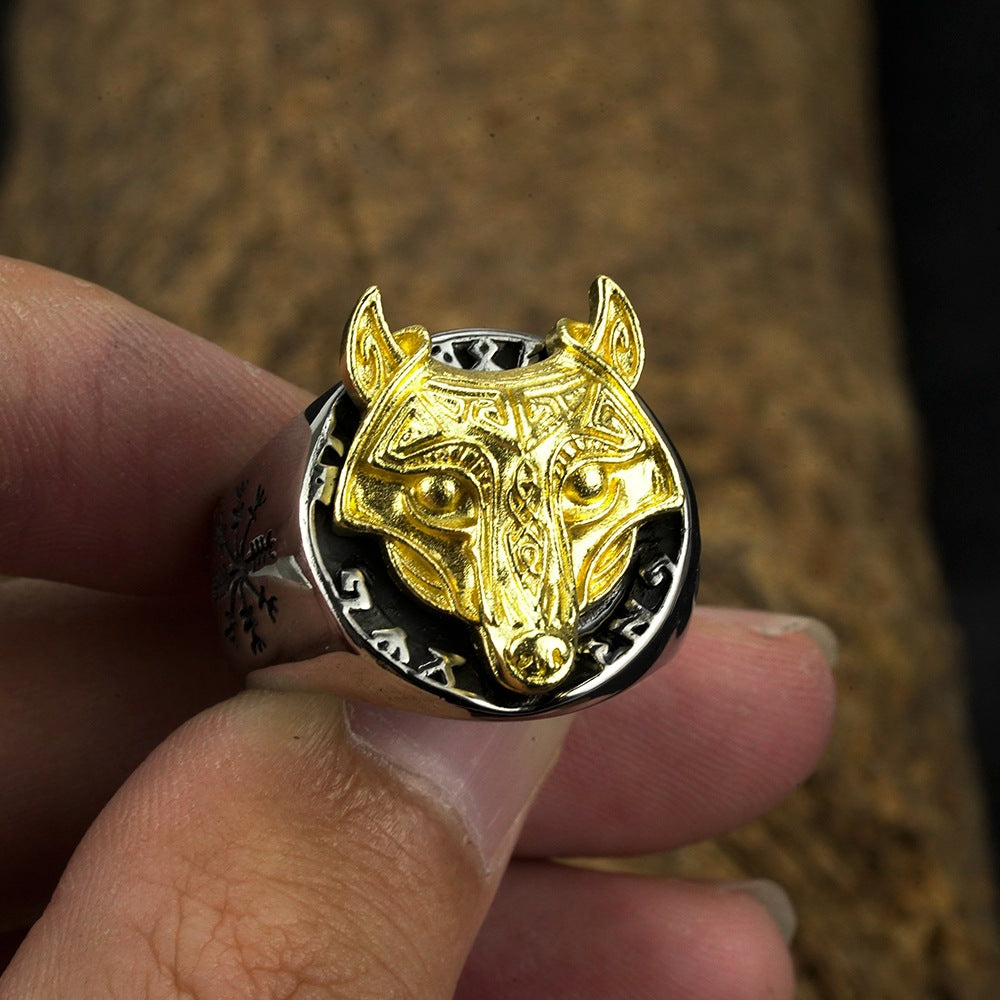 European And American Jewelry Wholesale Men's Titanium Steel Ring Retro Wolf Head Viking Rune Compass Ring Rust Free