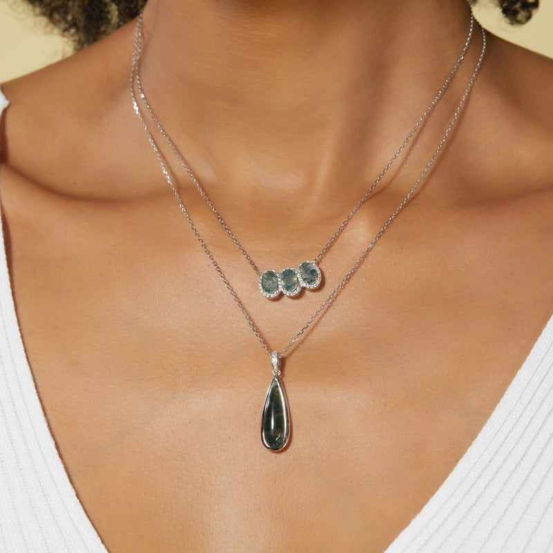 Planderful Jewelry Sterling Silver Moss Agate Necklace With Oval Green Pendant For Everyday Elegance