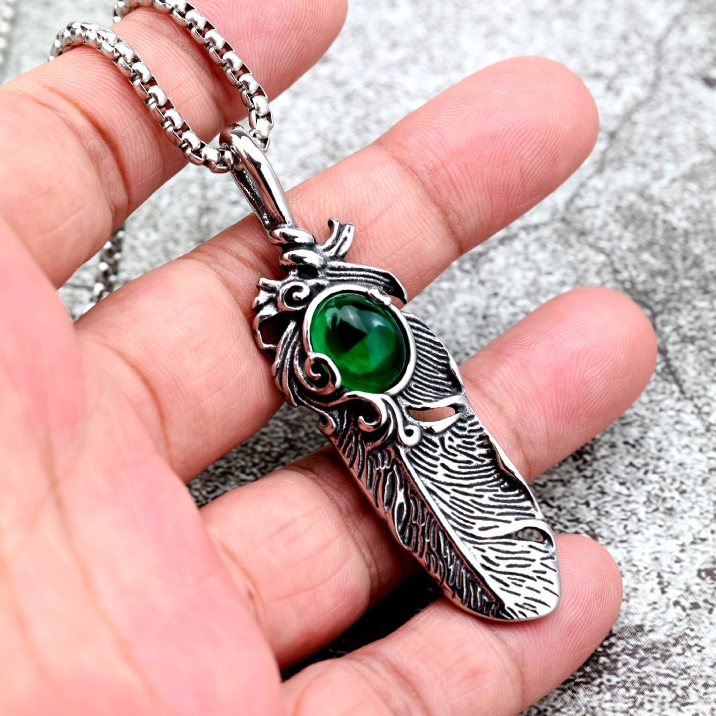 Planderful Pendant For Him European Retro Style Stainless Steel Feather Inlaid Stone Necklace