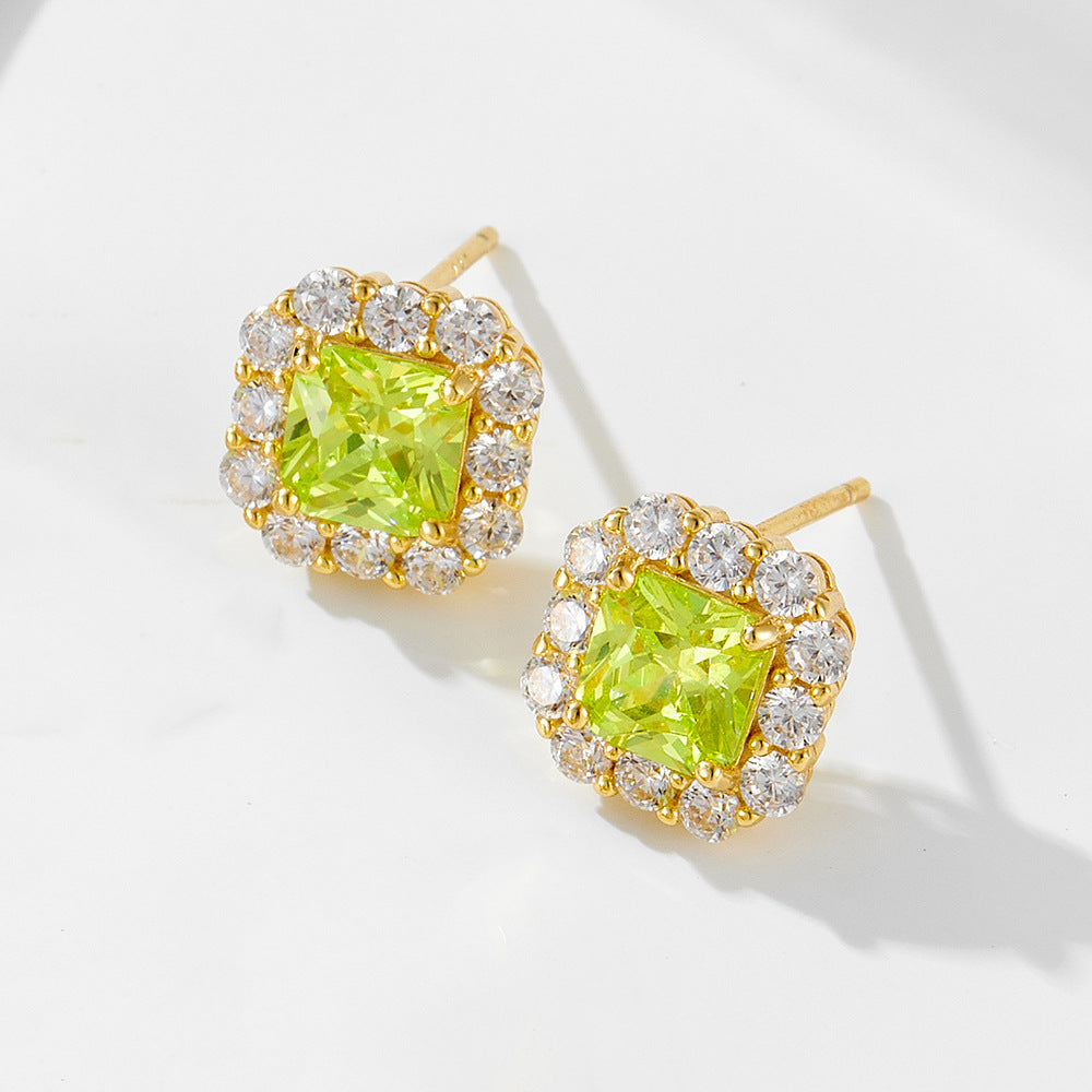 Color Gemstone Stud Earrings S925 Sterling Silver Earrings High-End Square Zircon Earrings Jewelry.