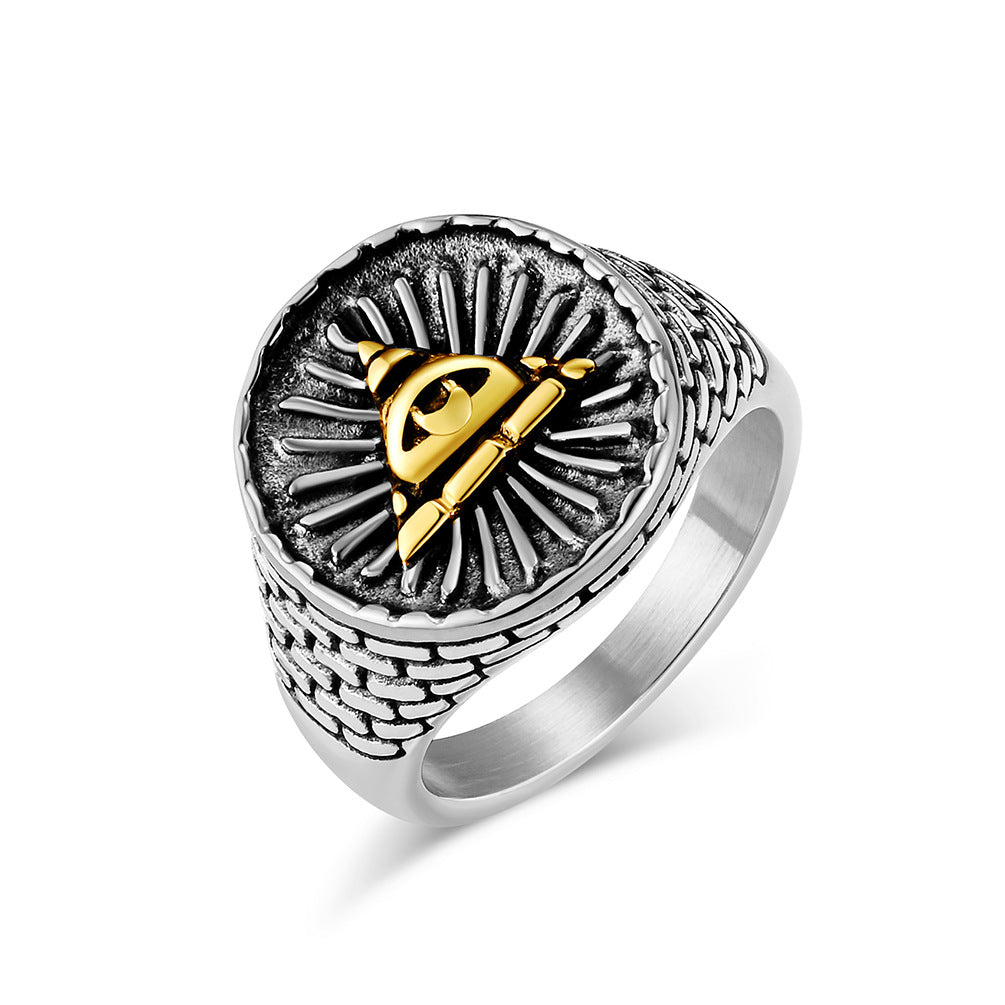 Vintage Egyptian Triangular Pyramid Stainless Steel Ring for Men